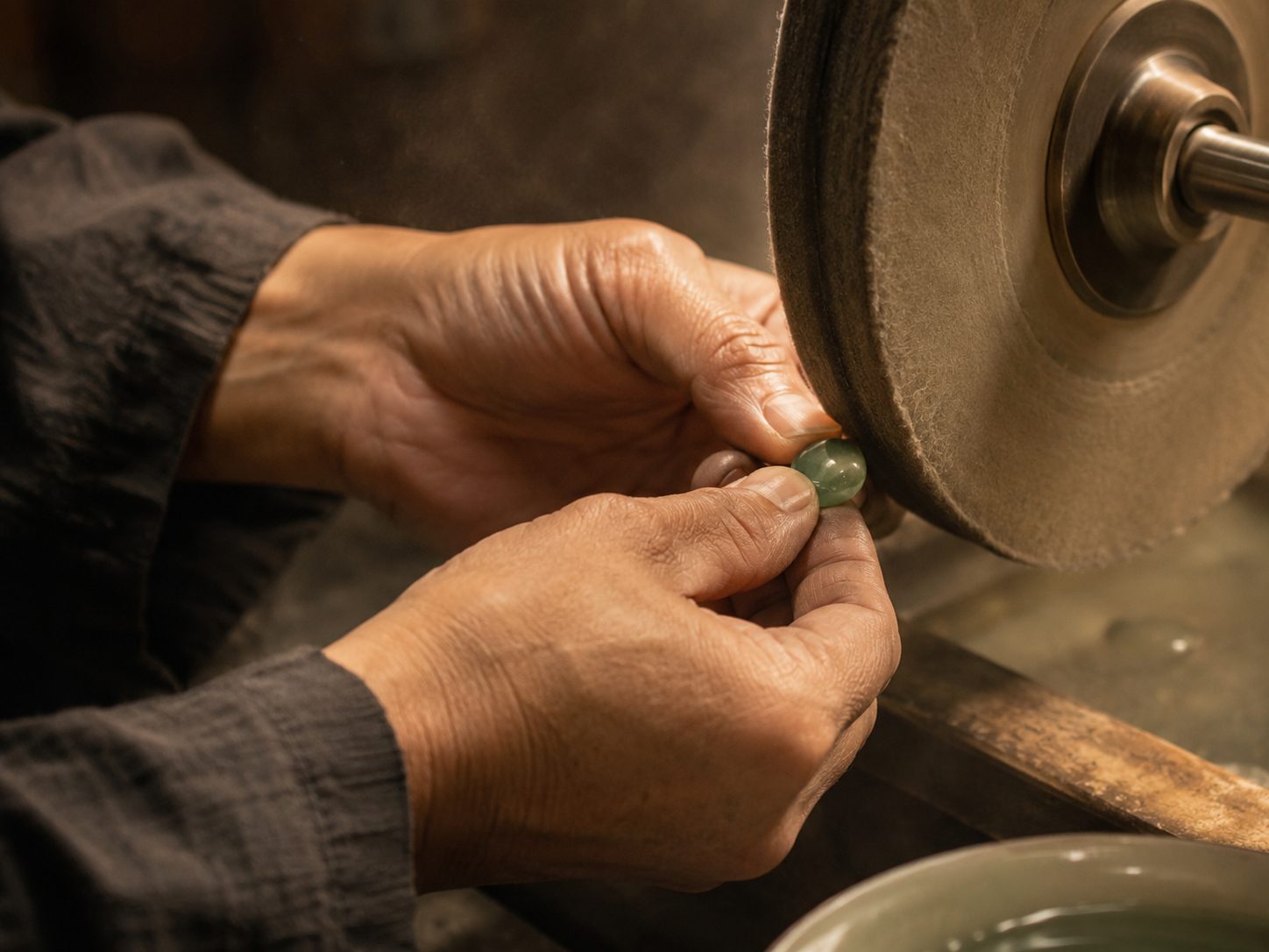 Master craftsman polishing jade at lapidary bench
