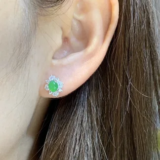 High-Icy Vivid Green Natural Jadeite Cabochon Stud Earrings — S925 Silver · No. 98F2 (photo 5)