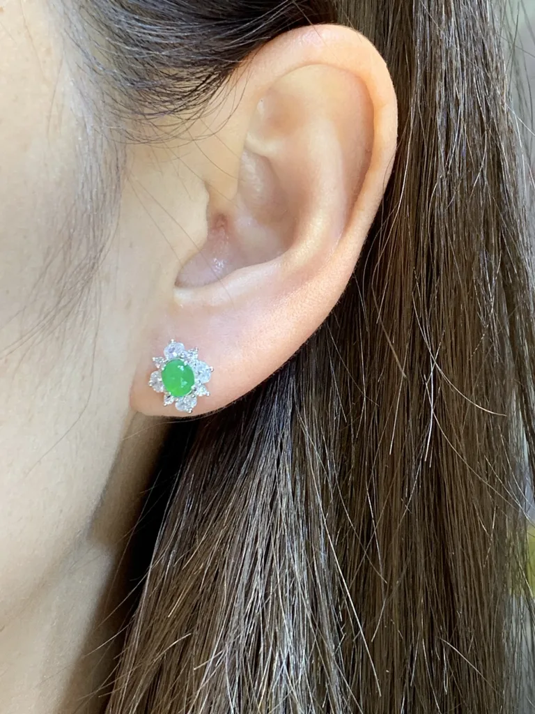 High-Icy Vivid Green Natural Jadeite Cabochon Stud Earrings — S925 Silver · No. 98F2 (photo 5)