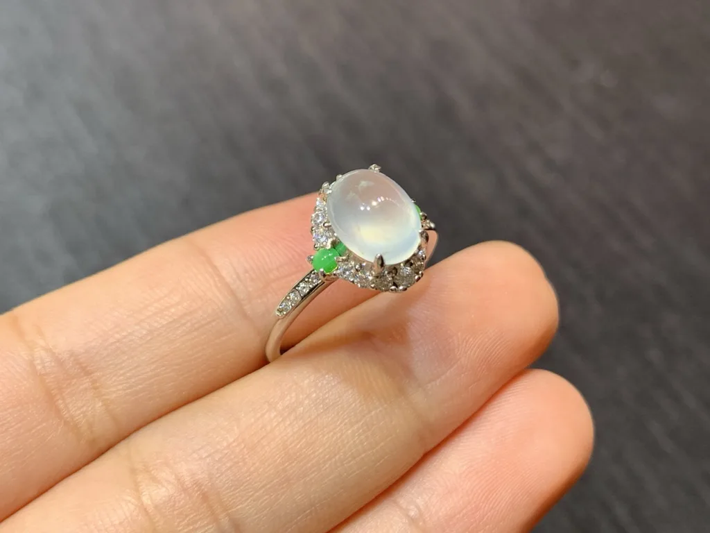 High-Icy Glowing Natural Jadeite Cabochon Ring — S925 Silver · No. EEED (photo 4)