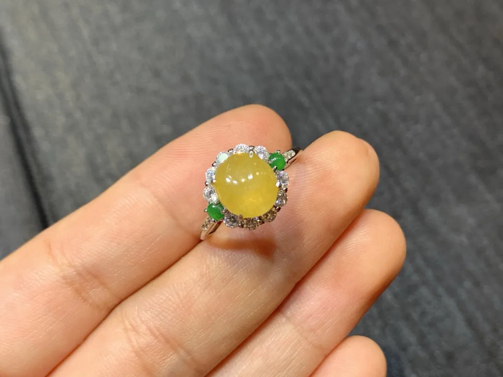High-Icy Honey Yellow Natural Jadeite Cabochon Ring — S925 Silver · No. 032E (photo 2)