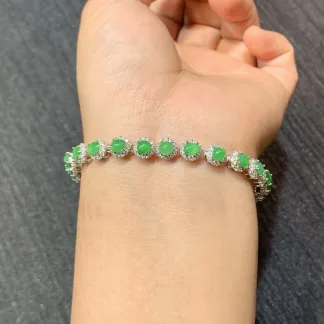 High-Icy Vivid Green Natural Jadeite Cabochon Bracelet — S925 Silver · No. 24B5 (photo 4)