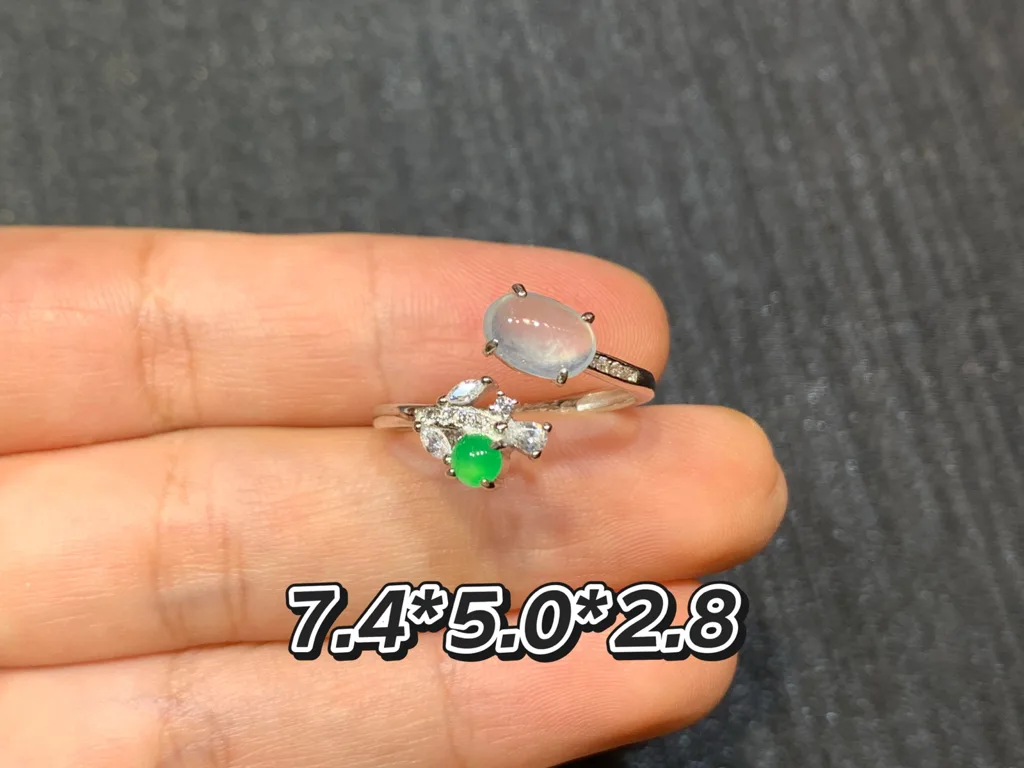 High-Icy Glowing White and Green Natural Jadeite Cabochon Ring — S925 Silver · No. F824 (photo 1)