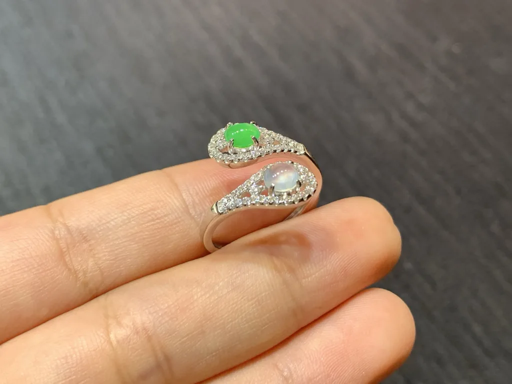 High-Icy White and Green Natural Jadeite Cabochon Ring — S925 Silver · No. 93B5 (photo 4)