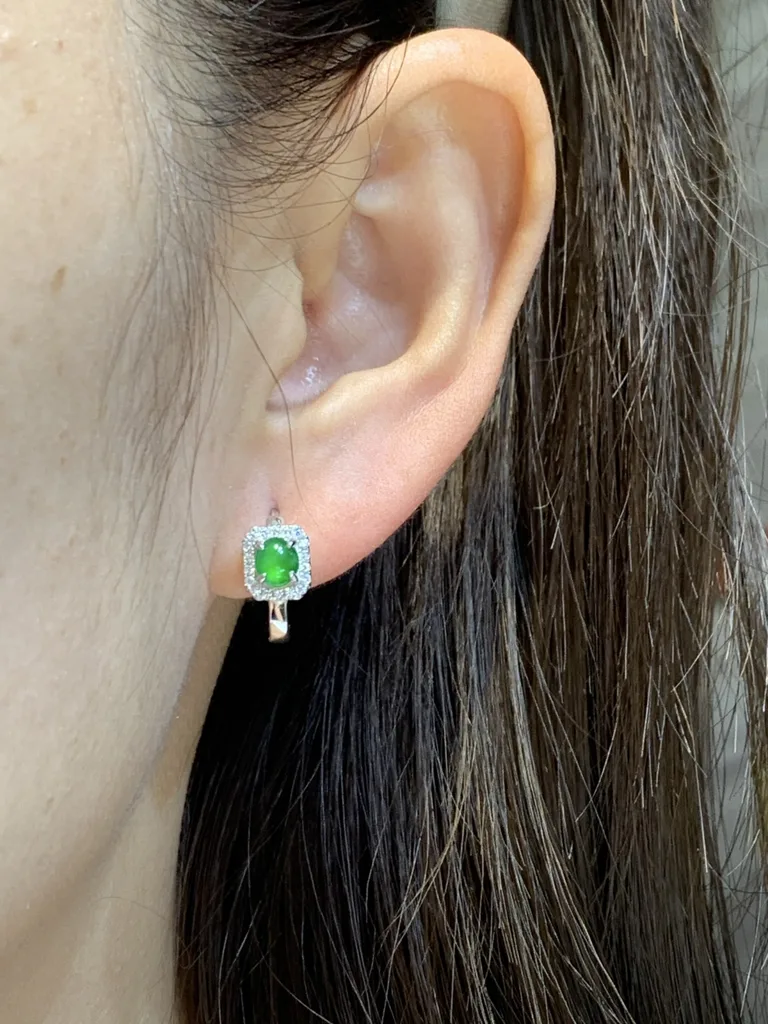 High-Icy Intense Vivid Green Natural Jadeite Cabochon Huggie Earrings — S925 Silver · No. D697 (photo 5)