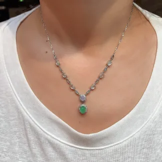 High-Icy Glowing White-and-Green Natural Jadeite Cabochon Necklace — S925 Silver · No. 7B20