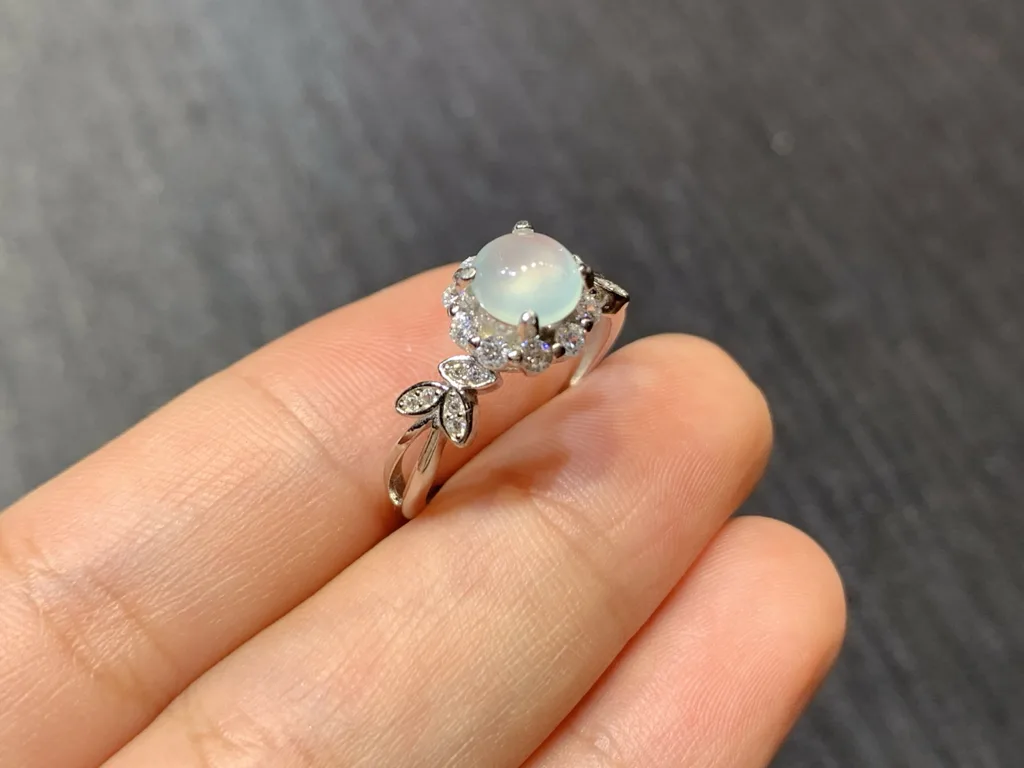 High-Icy Glowing Natural Jadeite Cabochon Ring — S925 Silver · No. D6DC (photo 4)