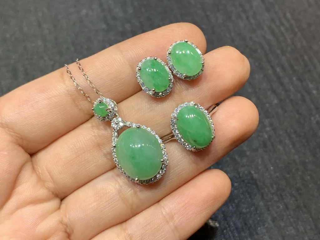 Full Green Natural Jadeite Cabochon Set — S925 Silver · No. 9D1B (photo 2)