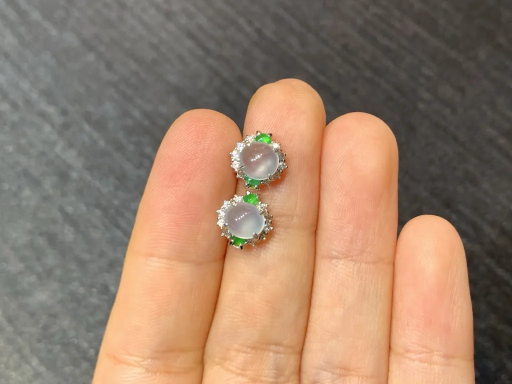 High-Icy Glowing Natural Jadeite Cabochon Stud Earrings — S925 Silver · No. 2507 (photo 3)