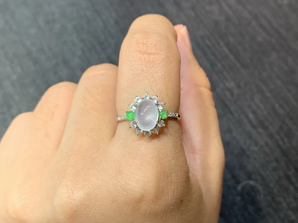 High-Icy Glowing Natural Jadeite Cabochon Ring — S925 Silver · No. 14FA (photo 5)