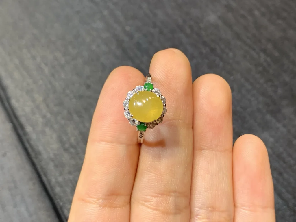 High-Icy Honey Yellow Natural Jadeite Cabochon Ring — S925 Silver · No. 032E (photo 3)