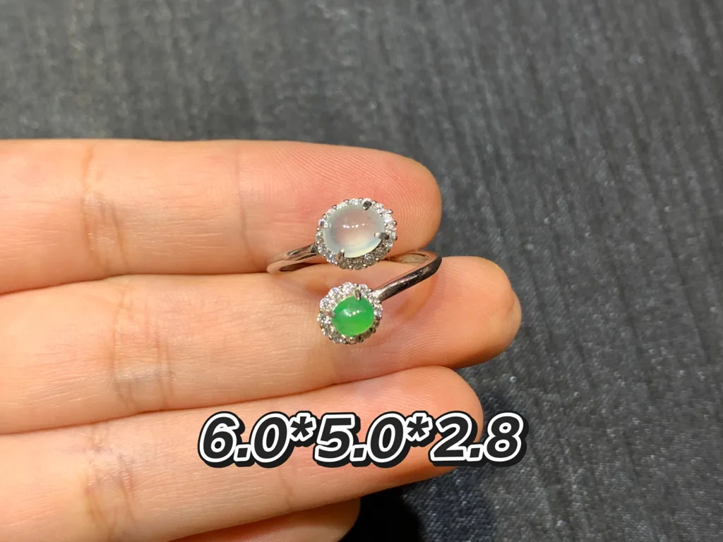 High-Icy White and Green Natural Jadeite Cabochon Ring — S925 Silver · No. 1702 (photo 1)