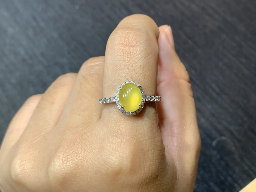 High-Icy Honey Yellow Natural Jadeite Cabochon Ring — S925 Silver · No. E899 (photo 5)