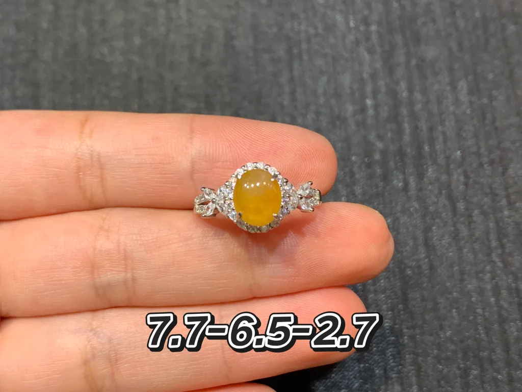 High-Icy Honey Yellow Natural Jadeite Cabochon Ring — S925 Silver · No. B710 (photo 1)