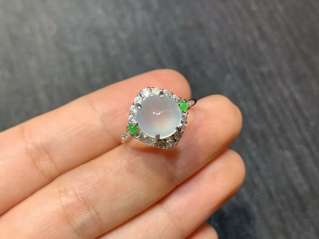 High-Icy Glowing Natural Jadeite Cabochon Ring — S925 Silver · No. 8721 (photo 2)
