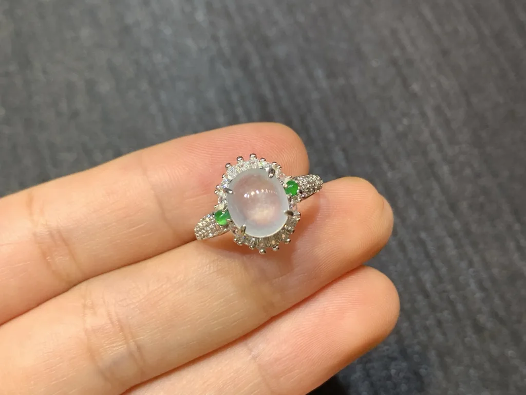 High-Icy Glowing Natural Jadeite Cabochon Ring — S925 Silver · No. A8B5 (photo 2)