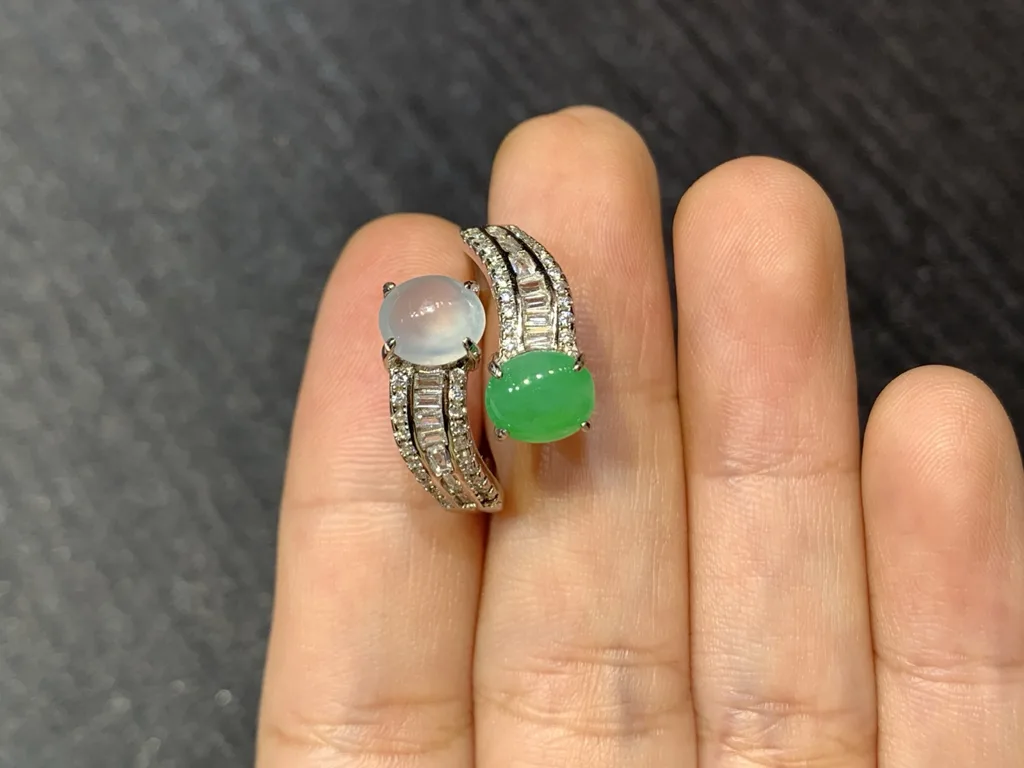 High-Icy Glowing White and Green Natural Jadeite Cabochon Ring — S925 Silver · No. C1E3 (photo 3)