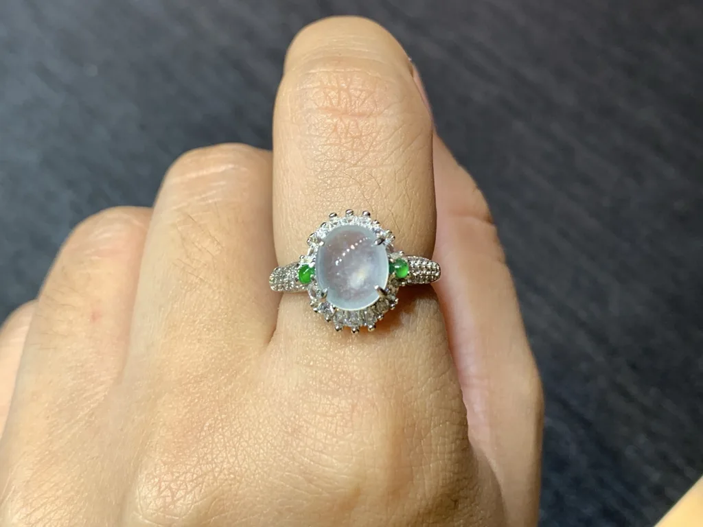 High-Icy Glowing Natural Jadeite Cabochon Ring — S925 Silver · No. A8B5 (photo 5)