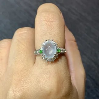 High-Icy Glowing Natural Jadeite Cabochon Ring — S925 Silver · No. A8B5 (photo 5)