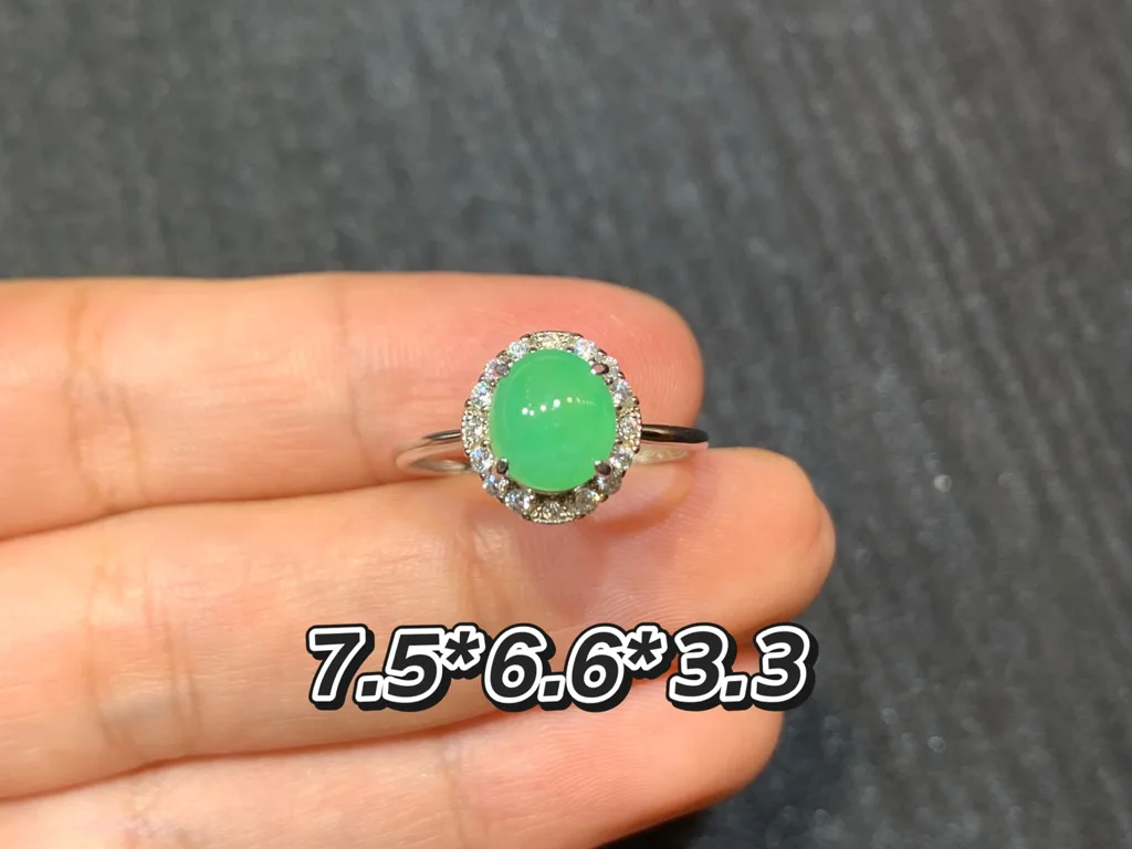 Icy Soft Vivid Green Natural Jadeite Cabochon Ring — S925 Silver · No. AF33 (photo 1)