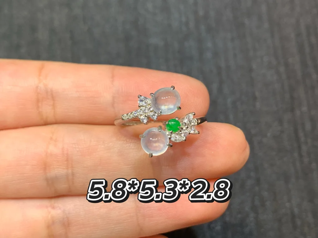 High-Icy Glowing Natural Jadeite Twin Cabochon Ring — S925 Silver · No. 900E (photo 1)