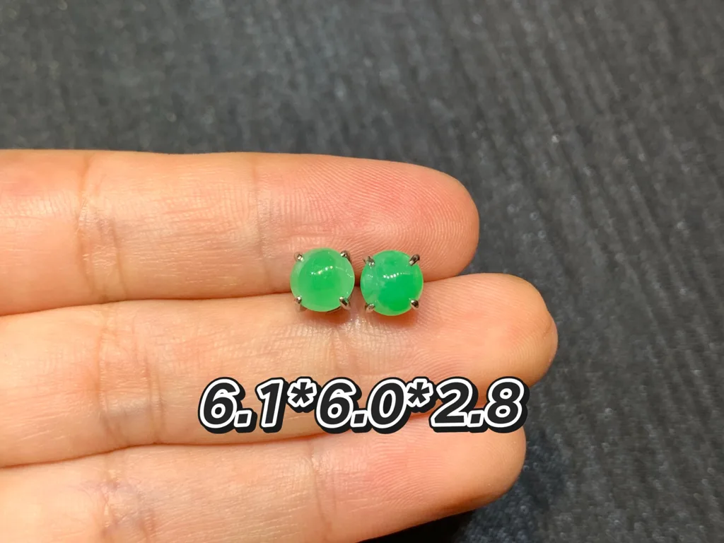 Icy Vivid Green Natural Jadeite Cabochon Stud Earrings — S925 Silver · No. 0D97 (photo 1)