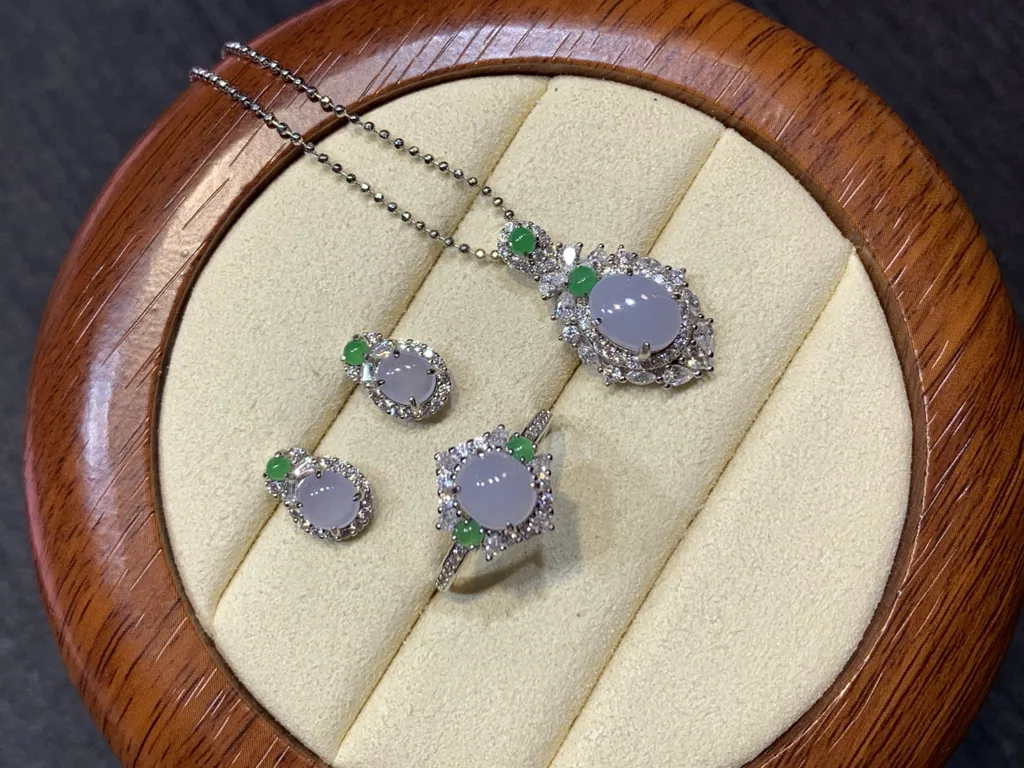 Icy Lavender Cabochon Natural Jadeite Three-Piece Cabochon Set — S925 Silver · No. 374A (photo 3)