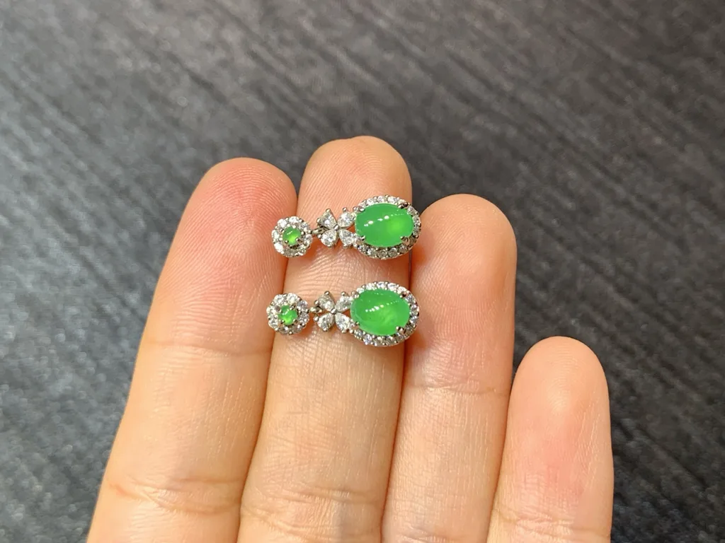 Icy Vivid Green Natural Jadeite Cabochon Drop Earrings — S925 Silver · No. 8F39 (photo 3)