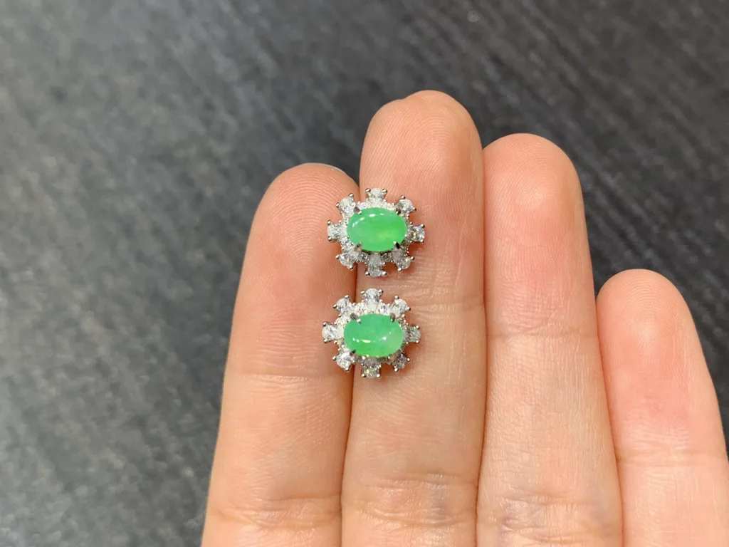 Icy Soft Vivid Green Natural Jadeite Cabochon Stud Earrings — S925 Silver · No. BAA3 (photo 3)