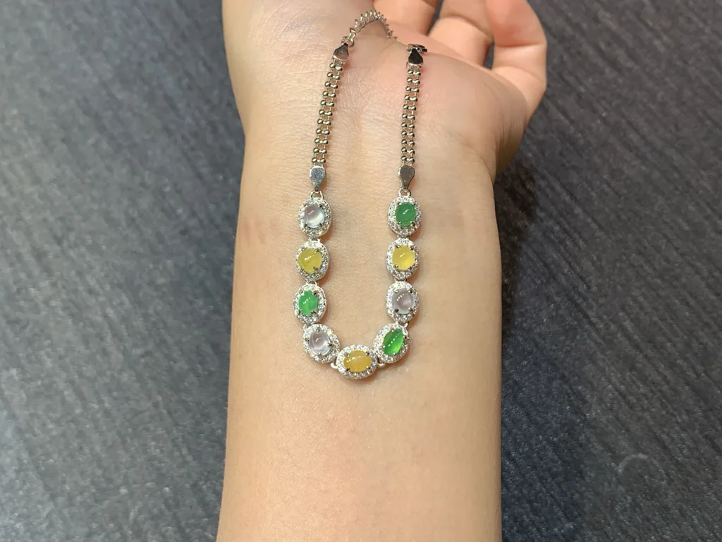 High-Icy Multicolor Natural Jadeite Cabochon Bracelet — S925 Silver · No. D8A4 (photo 3)