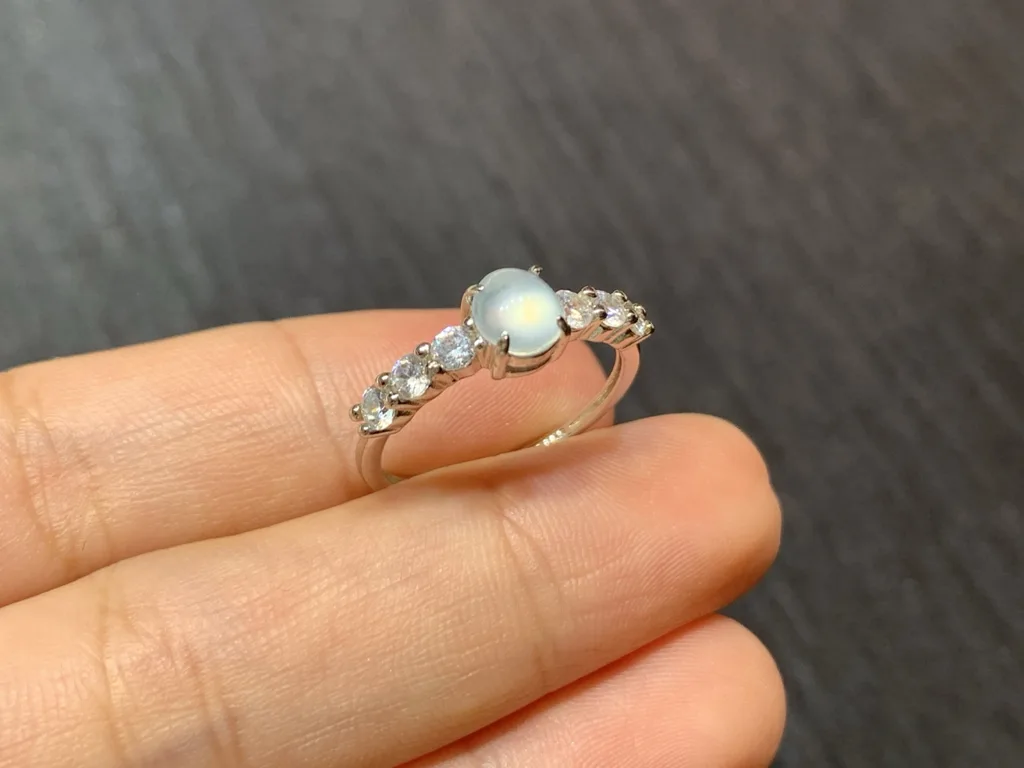 High-Icy Glowing Natural Jadeite Cabochon Ring — S925 Silver · No. 8794 (photo 4)
