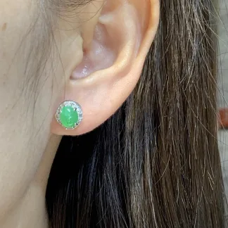 Icy Glowing Green Natural Jadeite Cabochon Stud Earrings — S925 Silver · No. 9FB8 (photo 5)