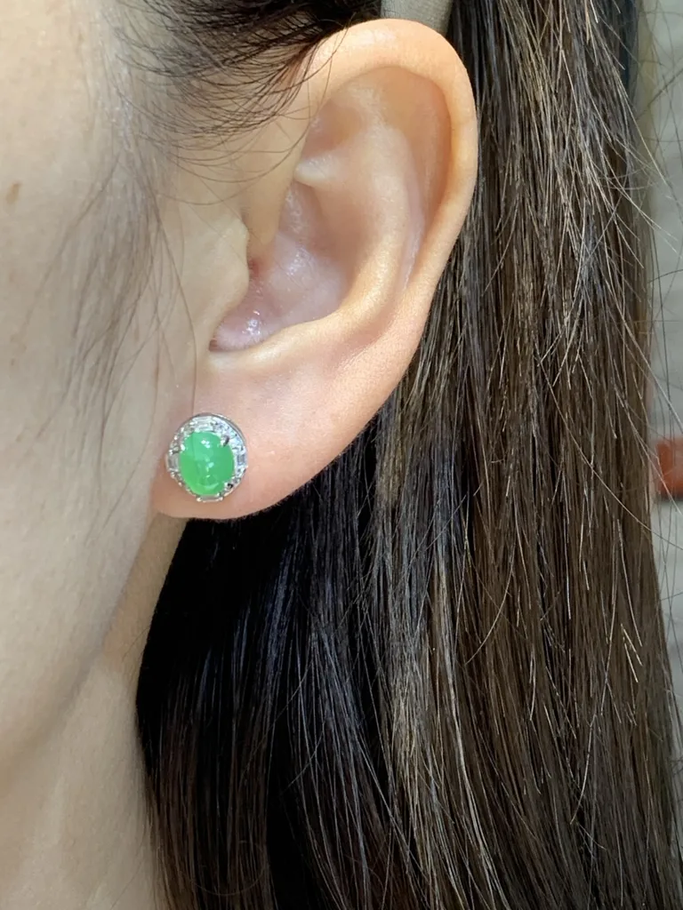 Icy Glowing Green Natural Jadeite Cabochon Stud Earrings — S925 Silver · No. 9FB8 (photo 5)