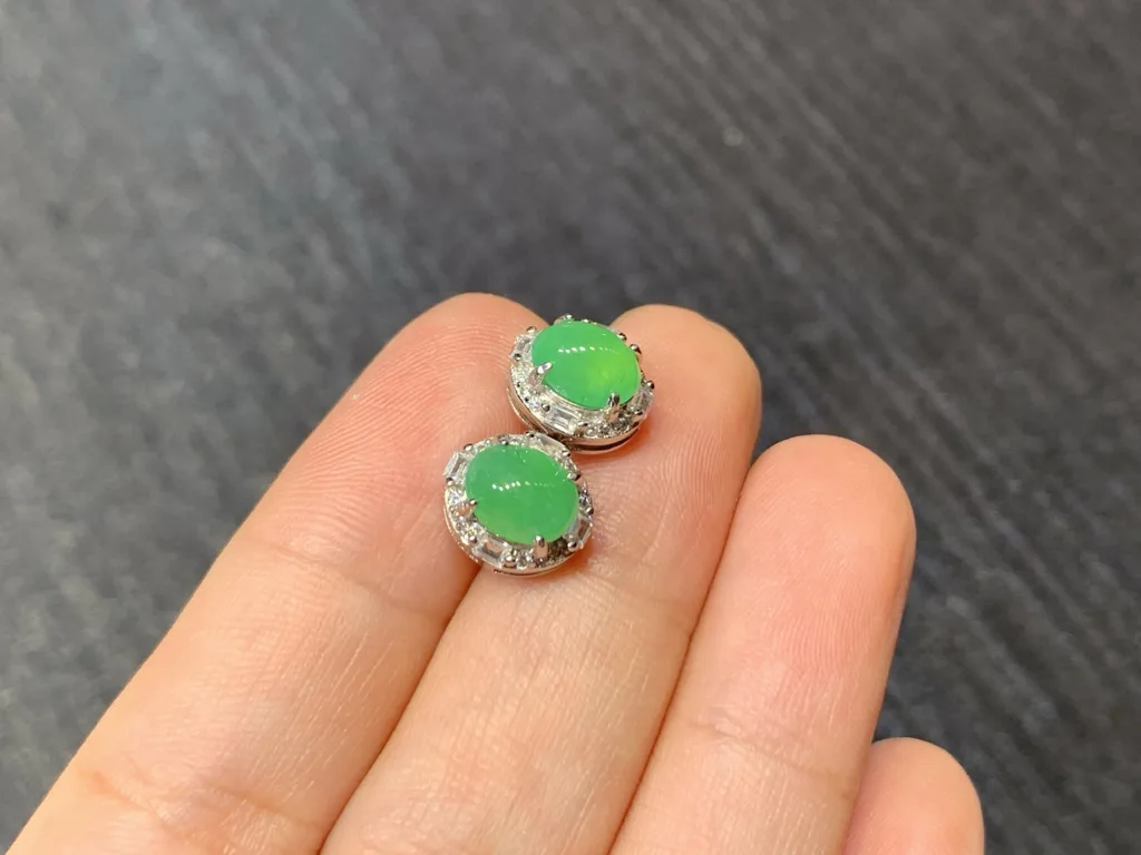 Icy Glowing Green Natural Jadeite Cabochon Stud Earrings — S925 Silver · No. 9FB8 (photo 4)