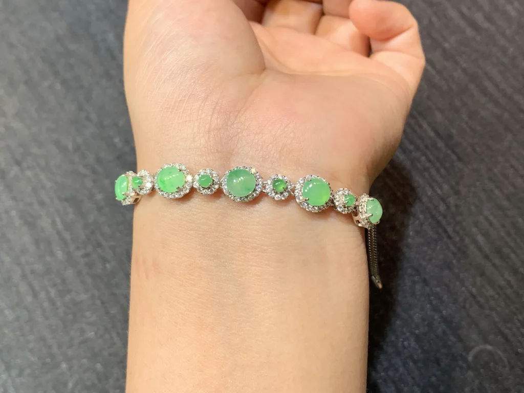 High-Icy Clear Green Natural Jadeite Cabochon Bracelet — S925 Silver · No. C49F (photo 4)