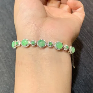 High-Icy Clear Green Natural Jadeite Cabochon Bracelet — S925 Silver · No. C49F (photo 4)