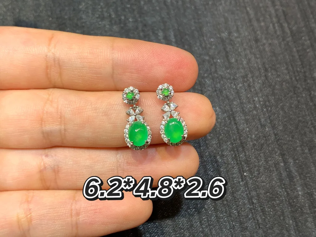 Icy Vivid Green Natural Jadeite Cabochon Drop Earrings — S925 Silver · No. 8F39 (photo 1)