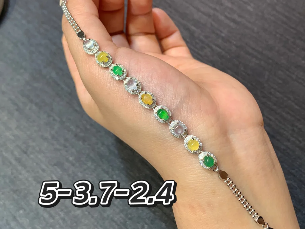 High-Icy Multicolor Natural Jadeite Cabochon Bracelet — S925 Silver · No. D8A4 (photo 1)