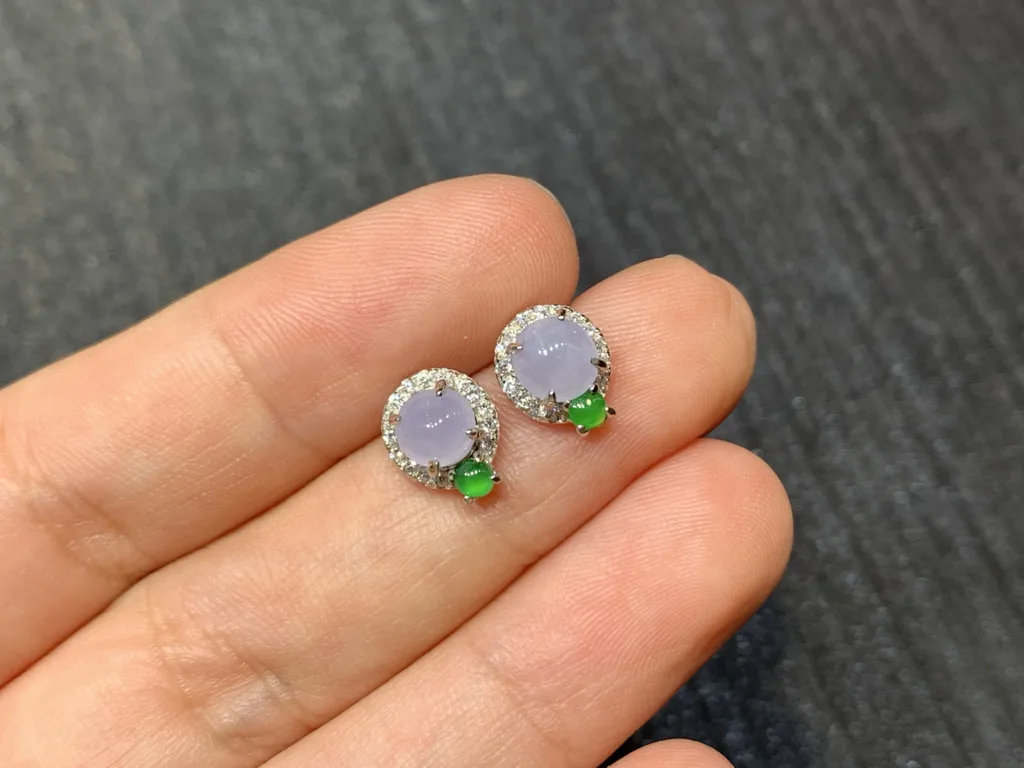 Icy Lavender Natural Jadeite Cabochon Stud Earrings — S925 Silver · No. 9299 (photo 2)