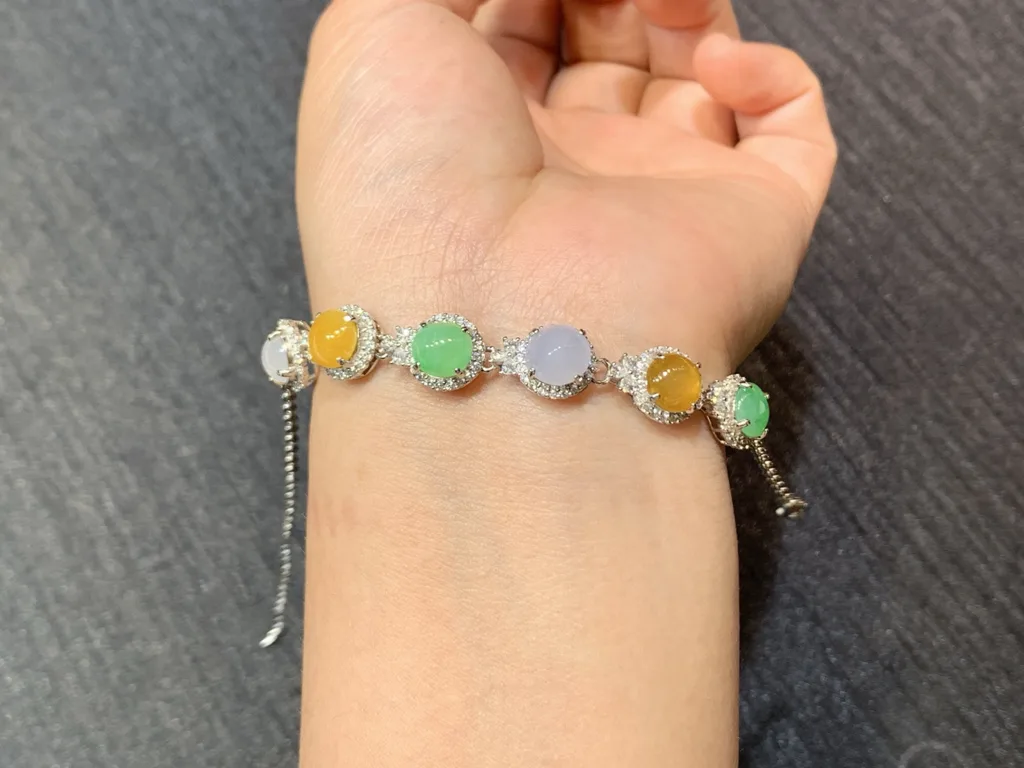 High-Icy Multicolor Natural Jadeite Cabochon Bracelet — S925 Silver · No. 42B9 (photo 4)