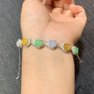 High-Icy Multicolor Natural Jadeite Cabochon Bracelet — S925 Silver · No. 42B9 (photo 4)