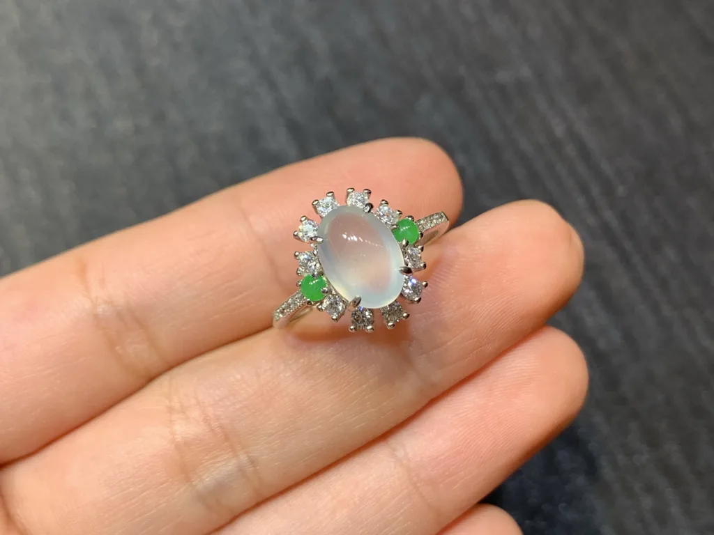 High-Icy Glowing Natural Jadeite Cabochon Ring — S925 Silver · No. 6051 (photo 2)