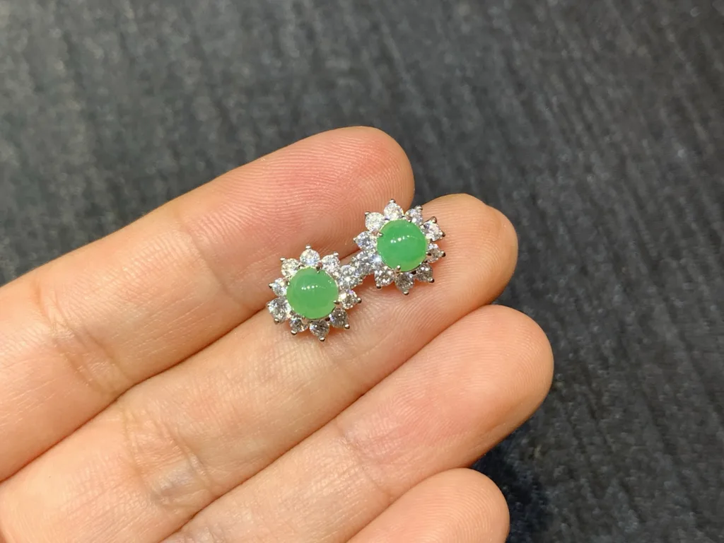 Icy Fresh Vivid Green Natural Jadeite Cabochon Stud Earrings — S925 Silver · No. 4E9A (photo 2)