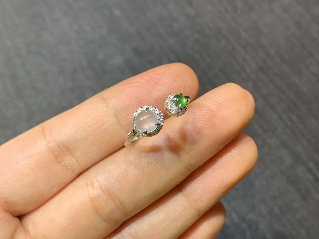 High-Icy White and Green Natural Jadeite Cabochon Ring — S925 Silver · No. 8823 (photo 4)