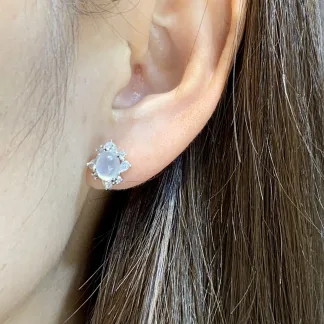 High-Icy Glowing Natural Jadeite Cabochon Stud Earrings — S925 Silver · No. 038A (photo 5)