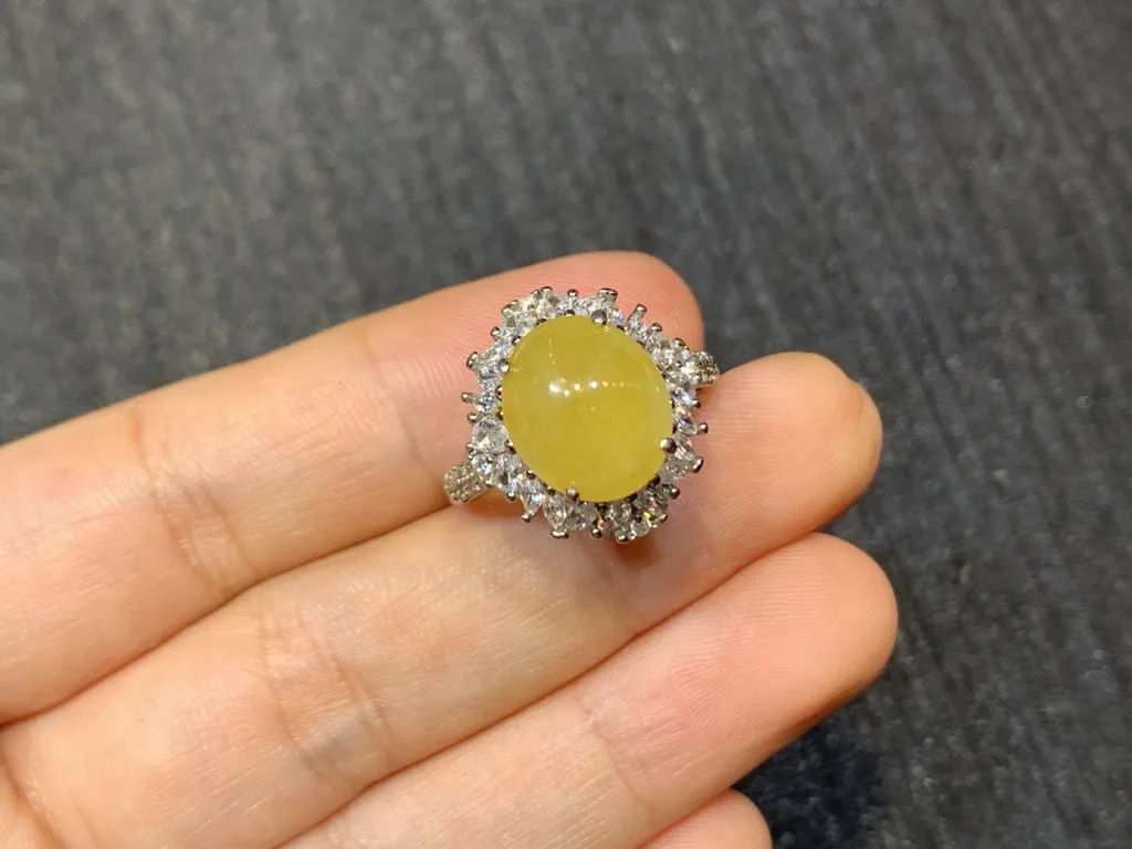 Icy Honey Yellow Natural Jadeite Cabochon Ring — S925 Silver · No. 2BAA (photo 2)