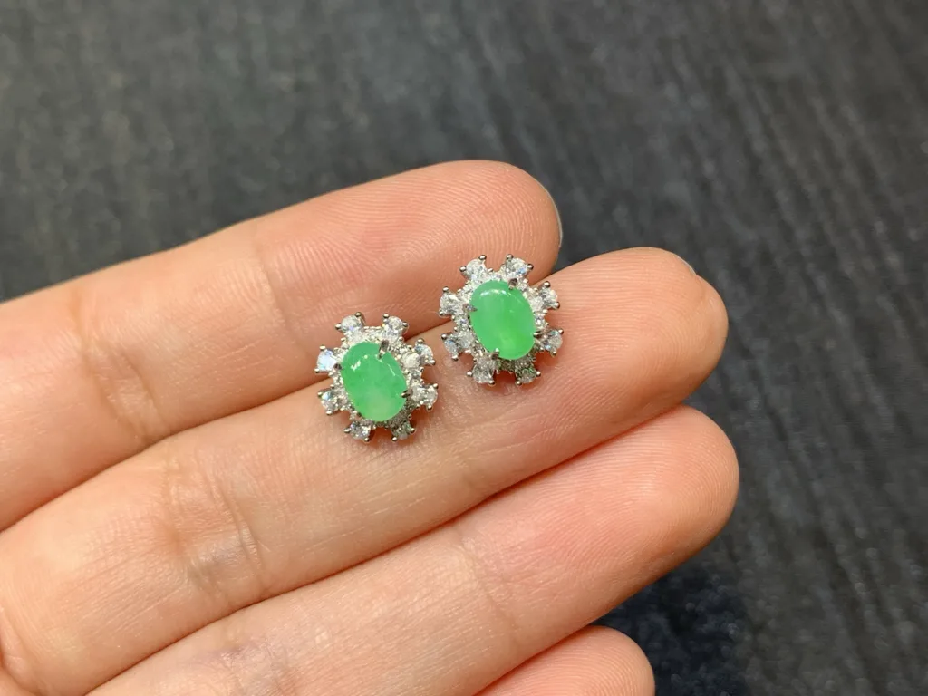 Icy Soft Vivid Green Natural Jadeite Cabochon Stud Earrings — S925 Silver · No. BAA3 (photo 2)
