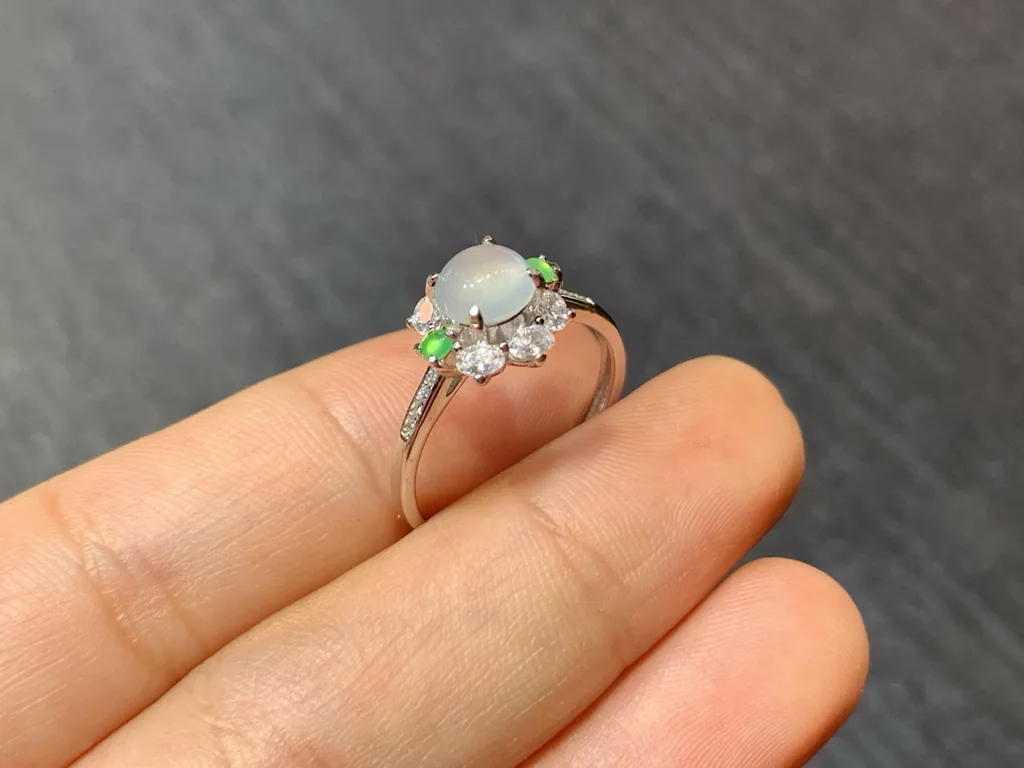 High-Icy Glowing Natural Jadeite Cabochon Ring — S925 Silver · No. DB29 (photo 4)