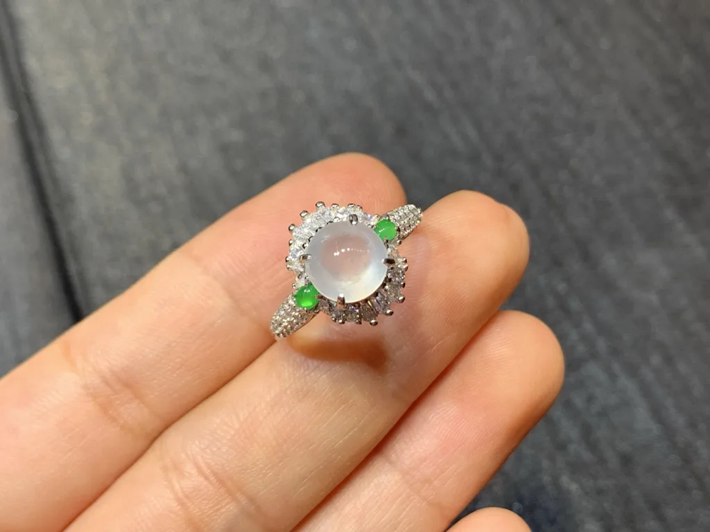 High-Icy Layered Cabochon Natural Jadeite Cabochon Ring — S925 Silver · No. 1FB8 (photo 2)