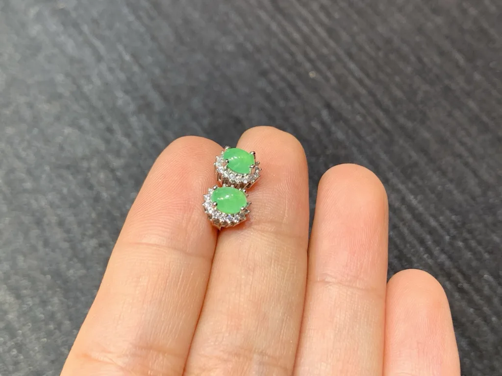 Icy Soft Green Natural Jadeite Cabochon Stud Earrings — S925 Silver · No. B103 (photo 4)